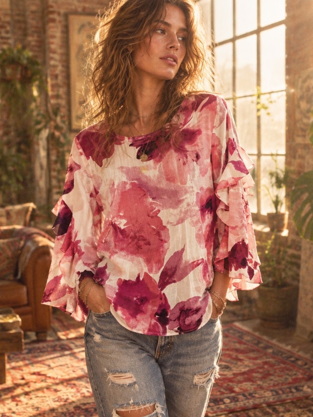 Alfani Pink Floral Ruffle-Sleeve Blouse